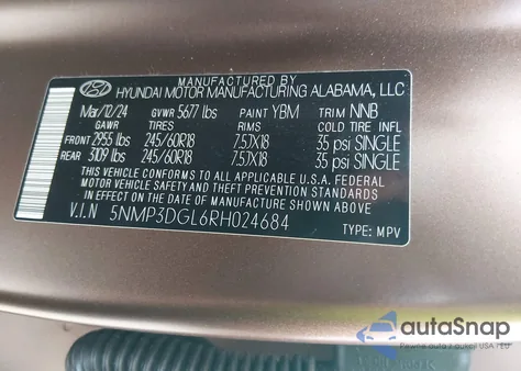 2024 Hyundai Santa Fe Xrt из США, поврежденный, VIN 5NMP3DGL6RH024684